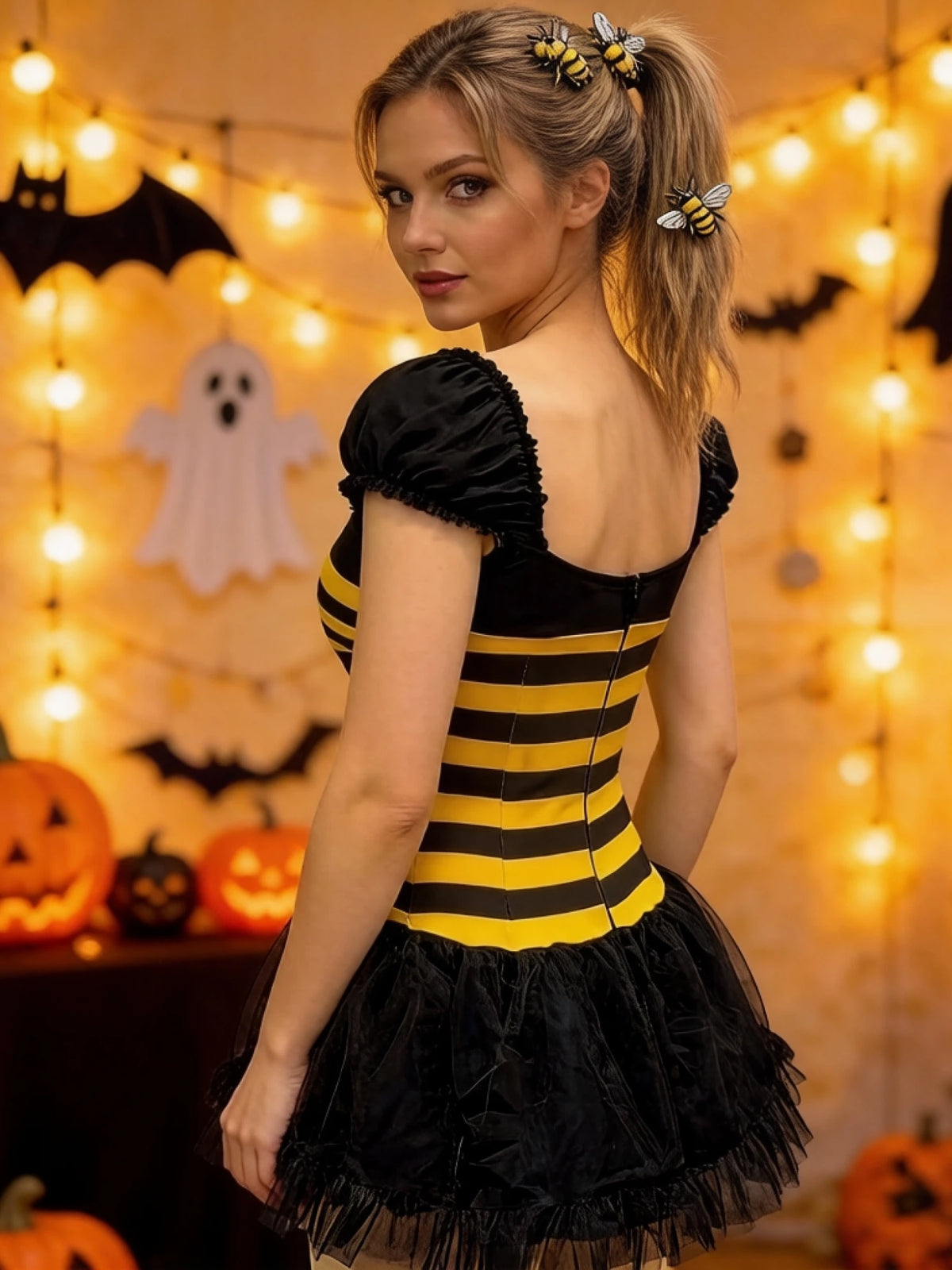 Women Bubble Bee Costume Striped Mini Tulle Dress Wings and Antenna Headband Set of 3 for Halloween Cosplay Party
