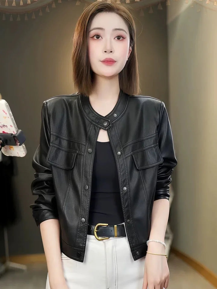 Fashionable Short PU Leather Jacket Women's Loose Slimming Biker Style Spring Autumn New Arrival Korean Version Casual Coat