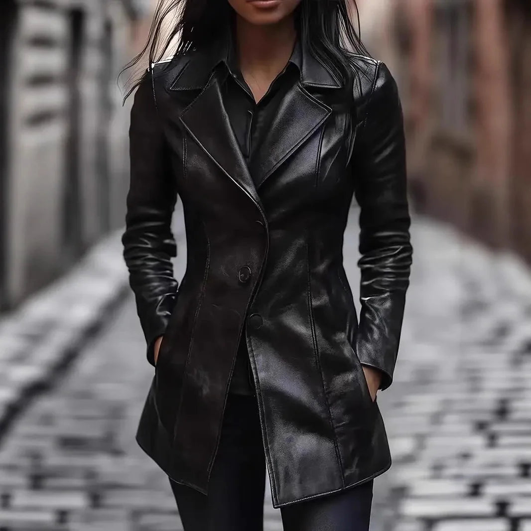 Street PU Leather Women Jacket Black Long Sleeve Button Pocket Turn-down Collar Female Coat 2026 Autumn Winter Lady Outwear