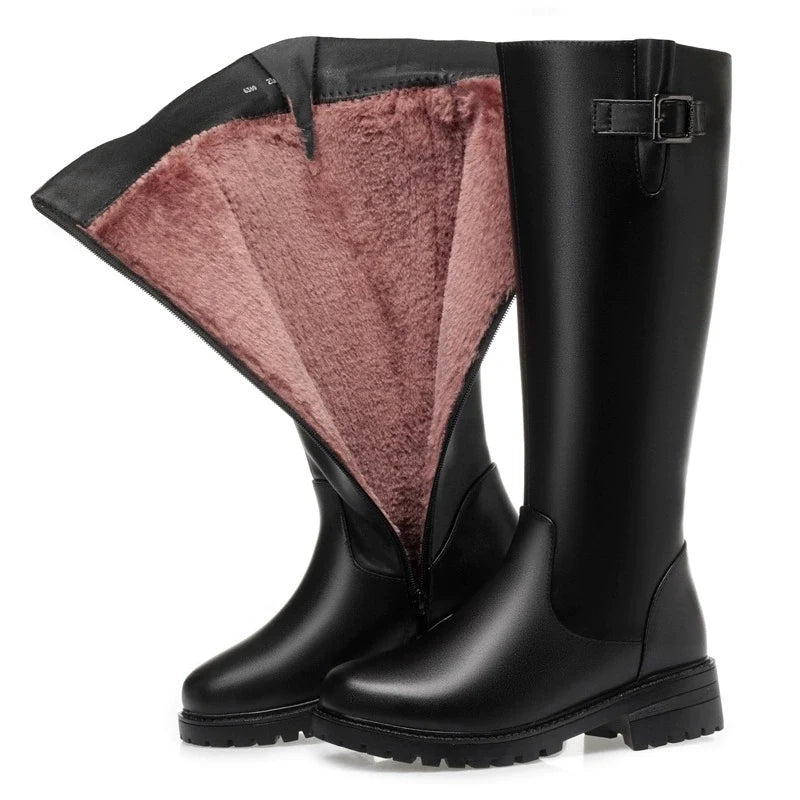 WOIZGIC Women's Ladies Mother Genuine Leather Mid Calf Snow Boots Warm Plush Fur Wool Zipper Winter Plus Size 42 43