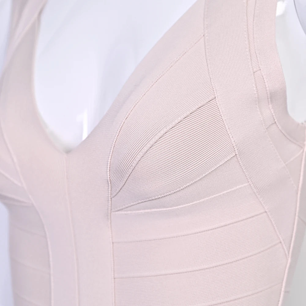 BEAUKEY Luxury Sexy Plunge V Bandage Dress Stripes Slim Bodyocn Mini Party Celebrity Evening Dress Elastic Knitted Vestidos