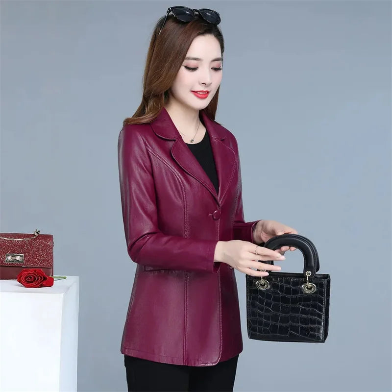 High Quality 2026 Autumn And Winter New  Leather Leather Coat Women's Short Slim Suit Collar Leather Jacket Female's Coat Black