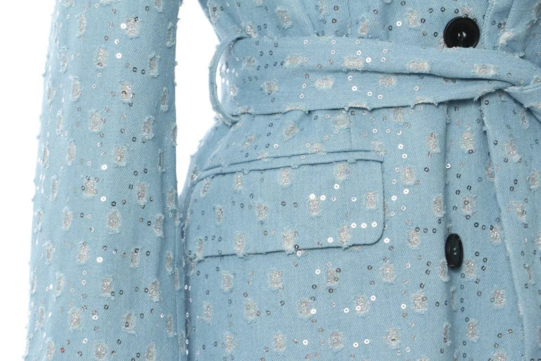 Runway Women Long Denim Jacket Sequin Luxury Jeans Coat Belt Stylish Windbreaker Winter Outerwear Korean Streetwear Overcoat