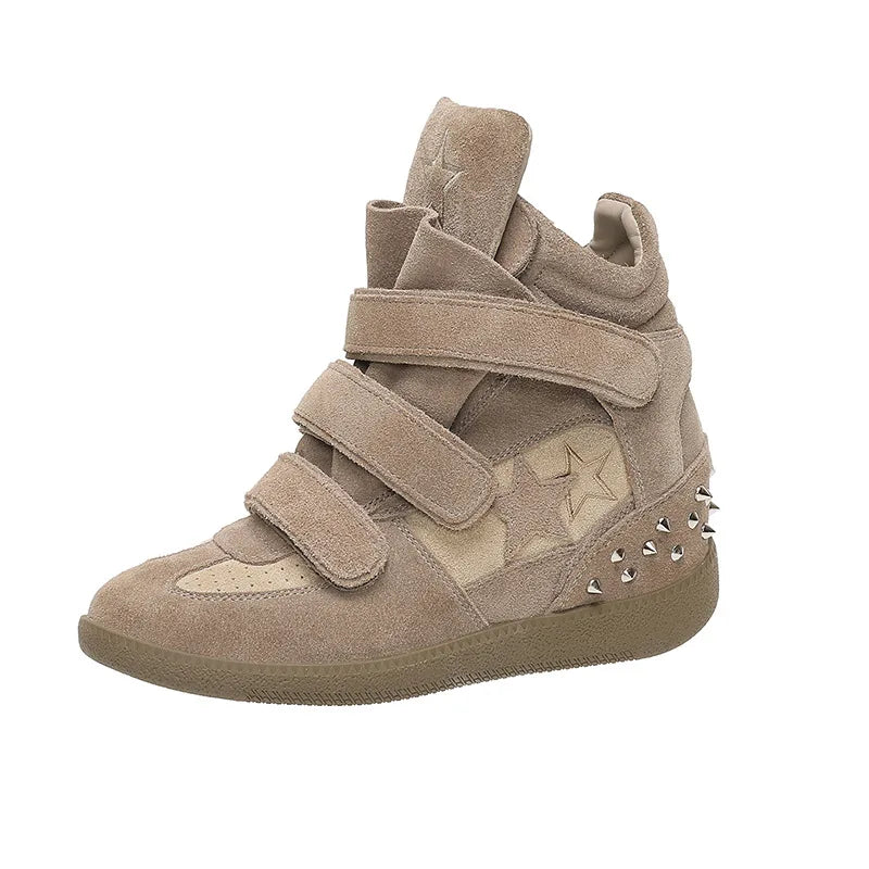 High Top Women's Sneakers New 2026 Autumn Winter Ankle Boots Thick Bottom Leather Casual Shoes Wedge Heels Hook&Loop Sport Shoes