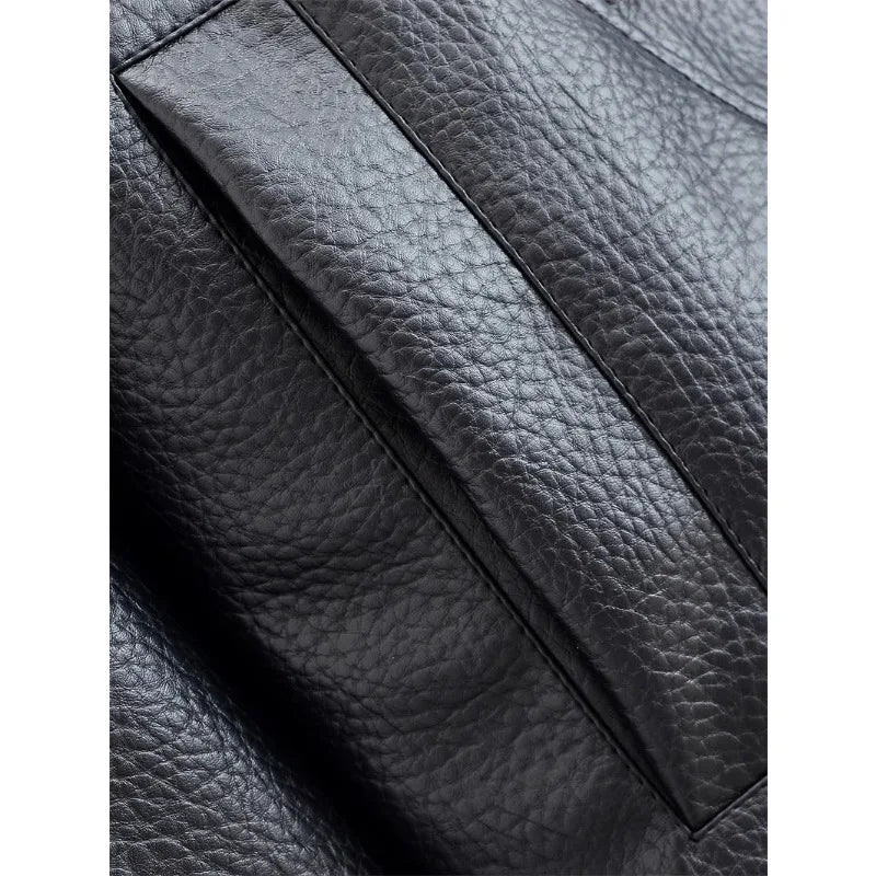 Women's 2026 Autumn New Classic Commuter Style Black Long Sleeve Pebble Faux Leather Motorcycle Fashion Jacket