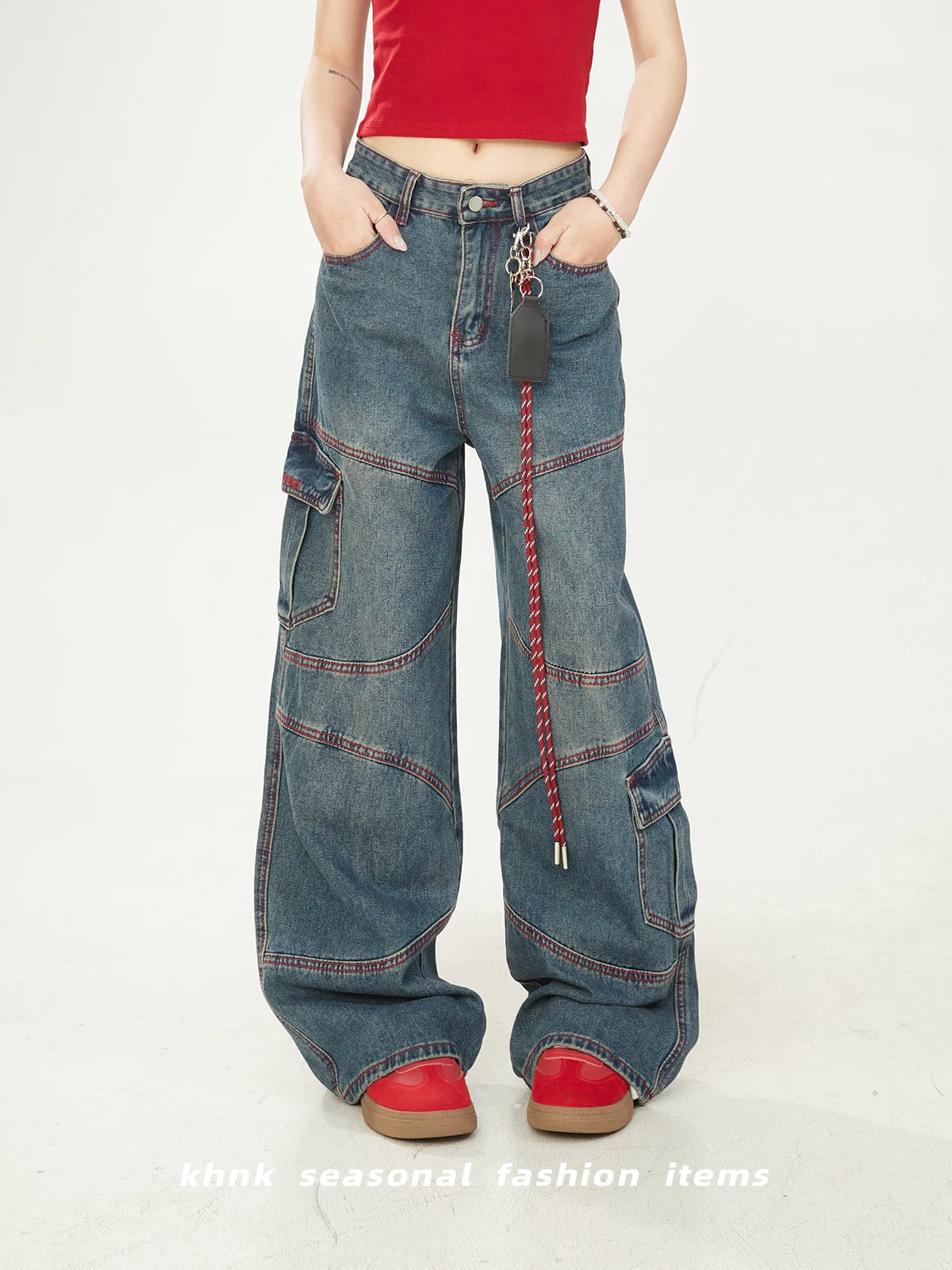 Washed Vintage American High Street Loose Women's Jeans with Patchwork And Stitching Design Casual Wide Leg Workwear Trousers