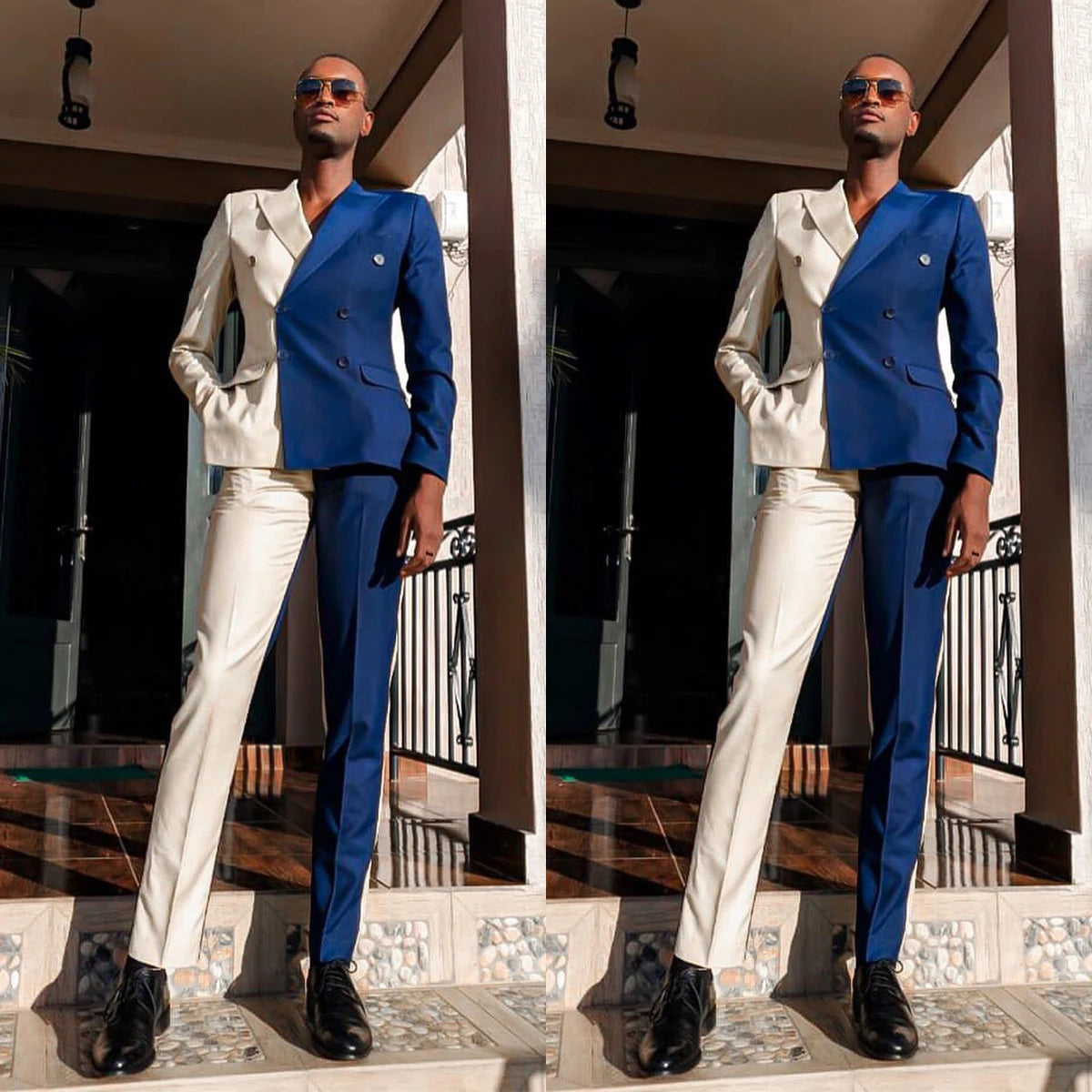 Double Breasted Wedding Men's Suits Tailored Made 2 Pieces Groom Tuxedo Slim Fit Blazer Pants Peaked Lapel Spliced Suit