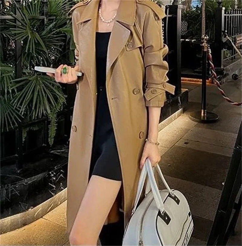 Womens Autumn Classic Double Breasted Long Trench Jacket with Belt Female PU Leather Jacket Lapels Windbreaker Winter Coat for W