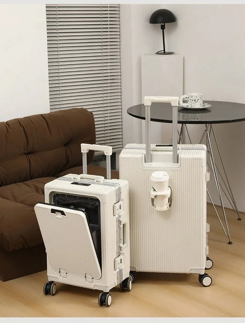 Front Opening Large Capacity Rolling Luggage Case Aluminum Frame ABS+PC Trolley Case Suitcase USB Charging Boarding Case