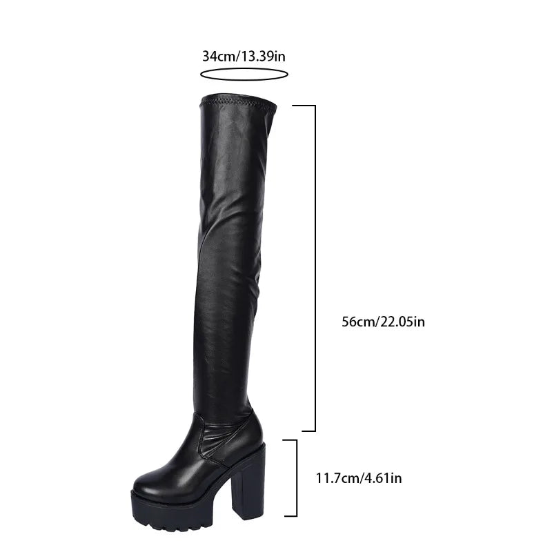 Women Platform Thigh High Over The Knee Boots Round Toe Chunky High Heel Side Zipper Leather Party Club Wear Stretch Long Boots
