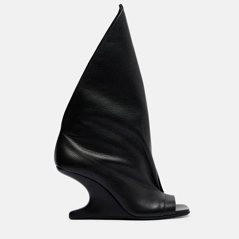 Runway Style Women Peep Toe Tall Boots Sculptural Wedge Heel Draped Pleated Upper Trendy Evening Statement Fashion Footwear