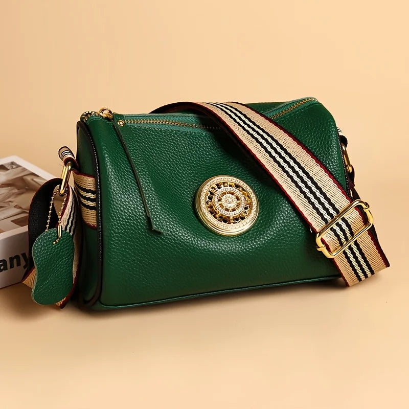 Genuine Leather Crossbody Bag, Stylish Black, Camel, Green Women's Trendy Handbag Single Shoulder Bag with Adjustable Strap