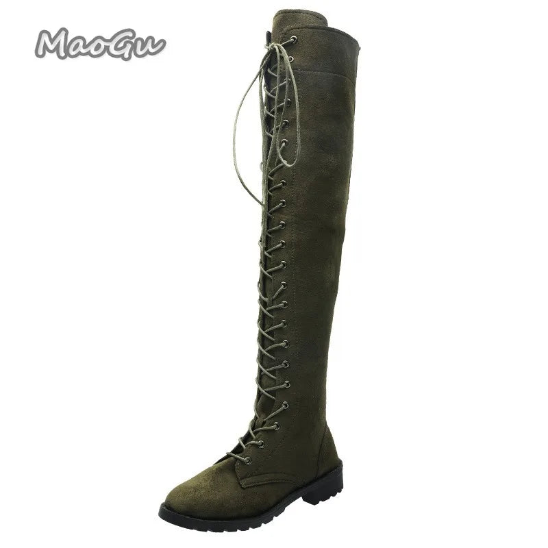 Side Zipper Lace-up Women's Long Botas Brown Black Suede Mid Heel Over-the-Knee Boots for Women Ladies Thigh High Boots Size 43