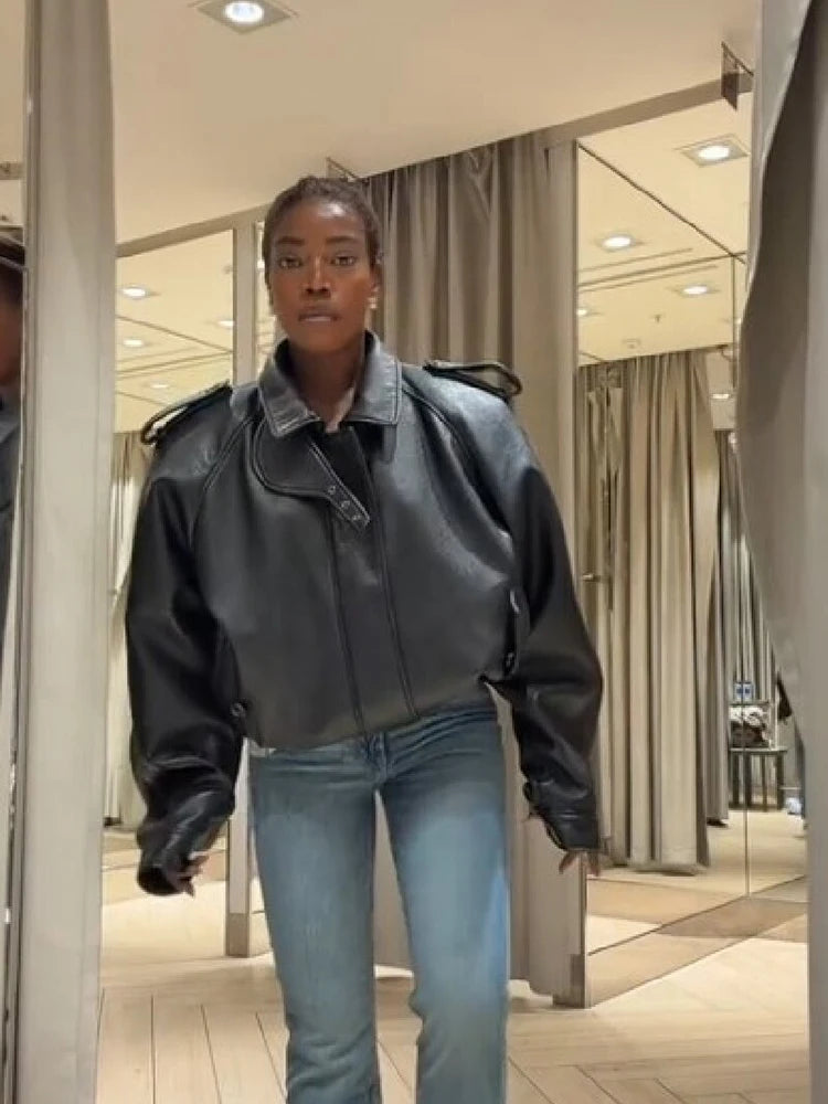 Vintage Black Faux Leather Moto Jacket Women Stand High Collar Design Oversized Cropped Biker Coat Street Fashion Outerwear 2026