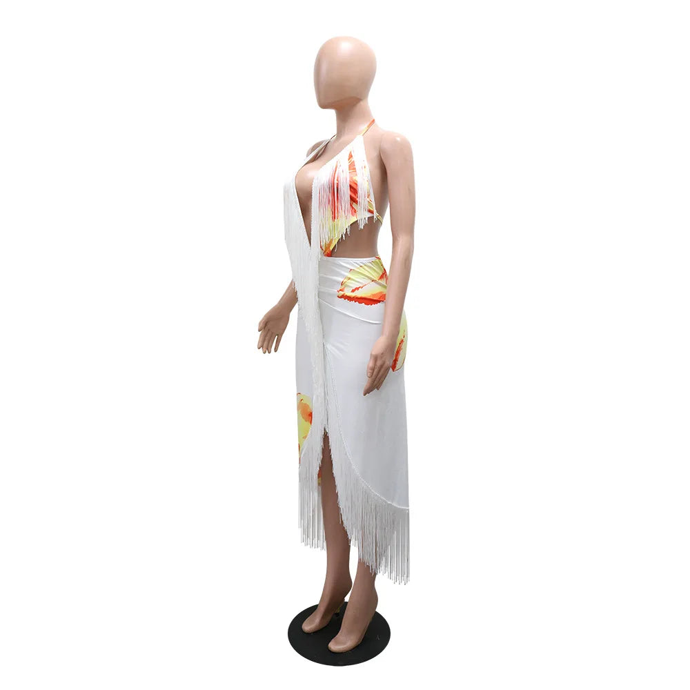 V Neck Floral Fringe Dress Sexy Party Bodycon Fashion Evening Dresses Women 2026 Summer Halter Elegant Luxury Maxi Dresses