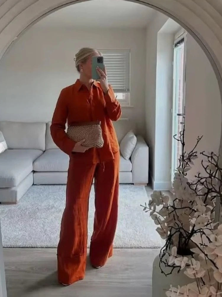 2025 Summer Fashion New Women's Commuting Style Women's Two Piece Set with Collar Single Breasted Shirt and Wide Leg Pants Set