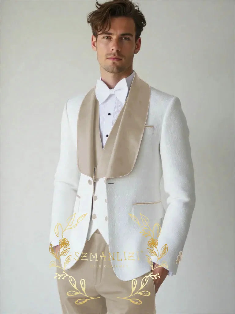 White Floral Wedding Men's 3-piece Suit Set (Jacket Pants Vest) Groom Tuxedo Formal Blazer Elegant Groomsmen Suit for Men