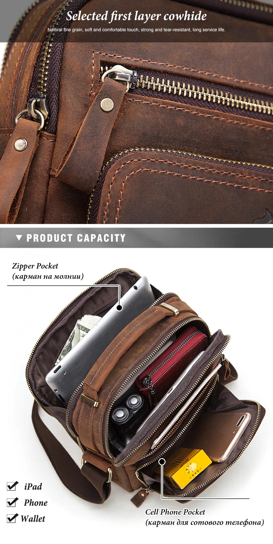 HUMERPAUL Men's Cowhide Shoulder Bag Casual Crossbody Bags Full Grain Leather Multifunctional Ipad Messenger Handbag Quality