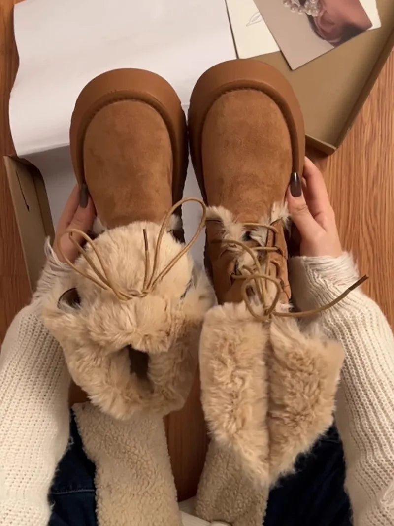 Retro fur integrated warm snow boots for women in winter 2025, new thick soled and plush thick anti slip cotton shoes