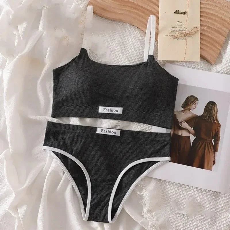 Women Cotton Seamless Bras Set Low Waist Panties Wire Free Tube Top Bra Sexy Lingerie Set Female Comfort Sports Underwear Set