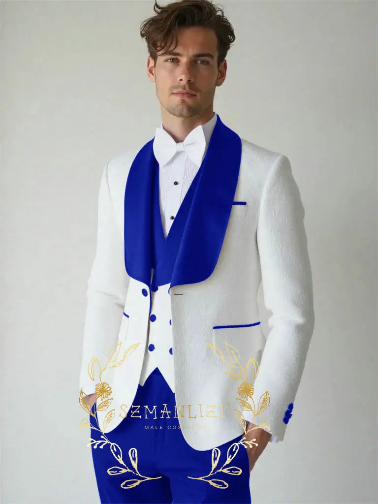 White Floral Wedding Men's 3-piece Suit Set (Jacket Pants Vest) Groom Tuxedo Formal Blazer Elegant Groomsmen Suit for Men