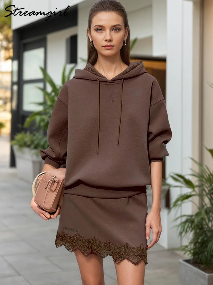 Streamgirl Brown Hoodies With Lace Women Oversize Plain Spring Elegant Butter Yellow Hooded Sweatshirts For Women Oversized