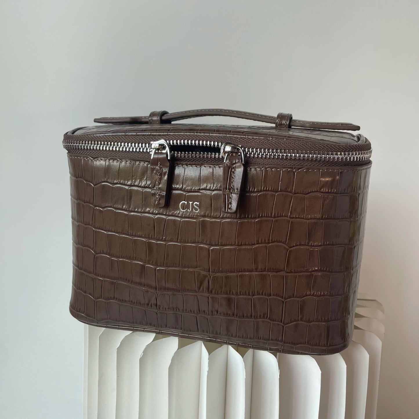 Firstgrain Cowhide Himalayan Crocodile Pattern Vanity Case Genuine Leather Square Portable Large-Capacity Hand-Held Cosmetic Bag