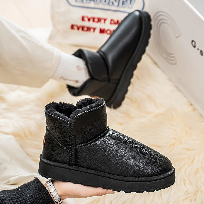 Couple Style Men's and Women's High-Top Leather Waterproof Snow Boots Plus Velvet Warm Boots and Cotton Shoes