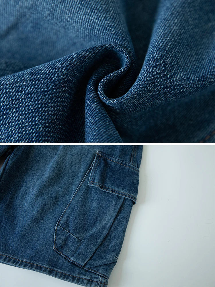 Cargo Shorts Men Summer Baggy Multi-pocket Jeans Straight Drawstring Moto Work Pants Fashion Cotton Black Blue Trousers New