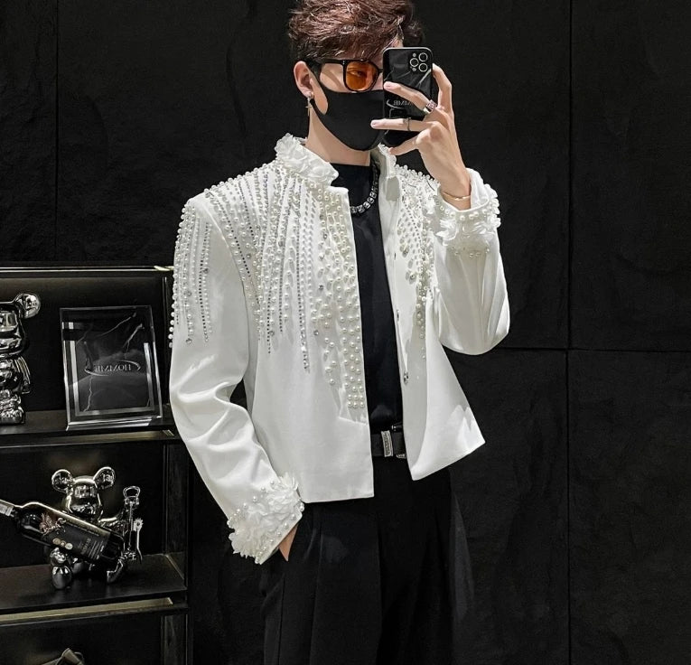 Fashion Men's Jacket Spring Autumn High-End Pearl Niche Personality Design Short Men's Stand Collar Coat