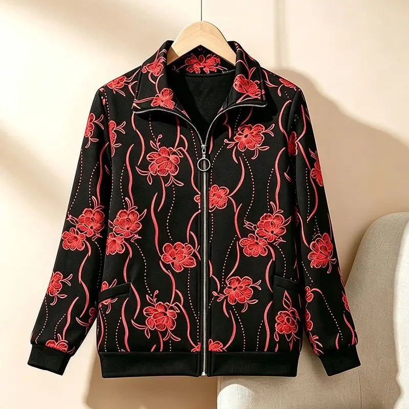 Womens Mom Floral Print Zip Up Jacket Lapel Collar Casual Loose Outerwear For Middle Aged Ladies