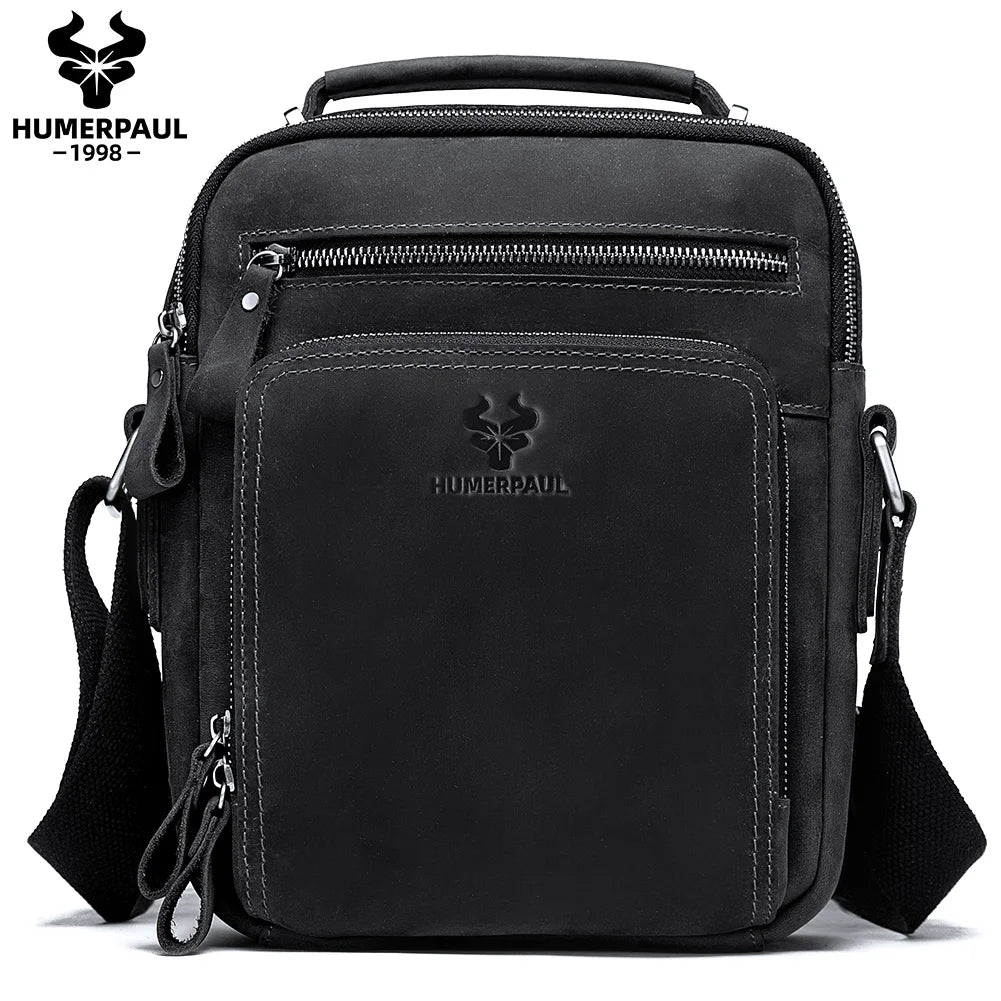 HUMERPAUL Men's Cowhide Shoulder Bag Casual Crossbody Bags Full Grain Leather Multifunctional Ipad Messenger Handbag Quality