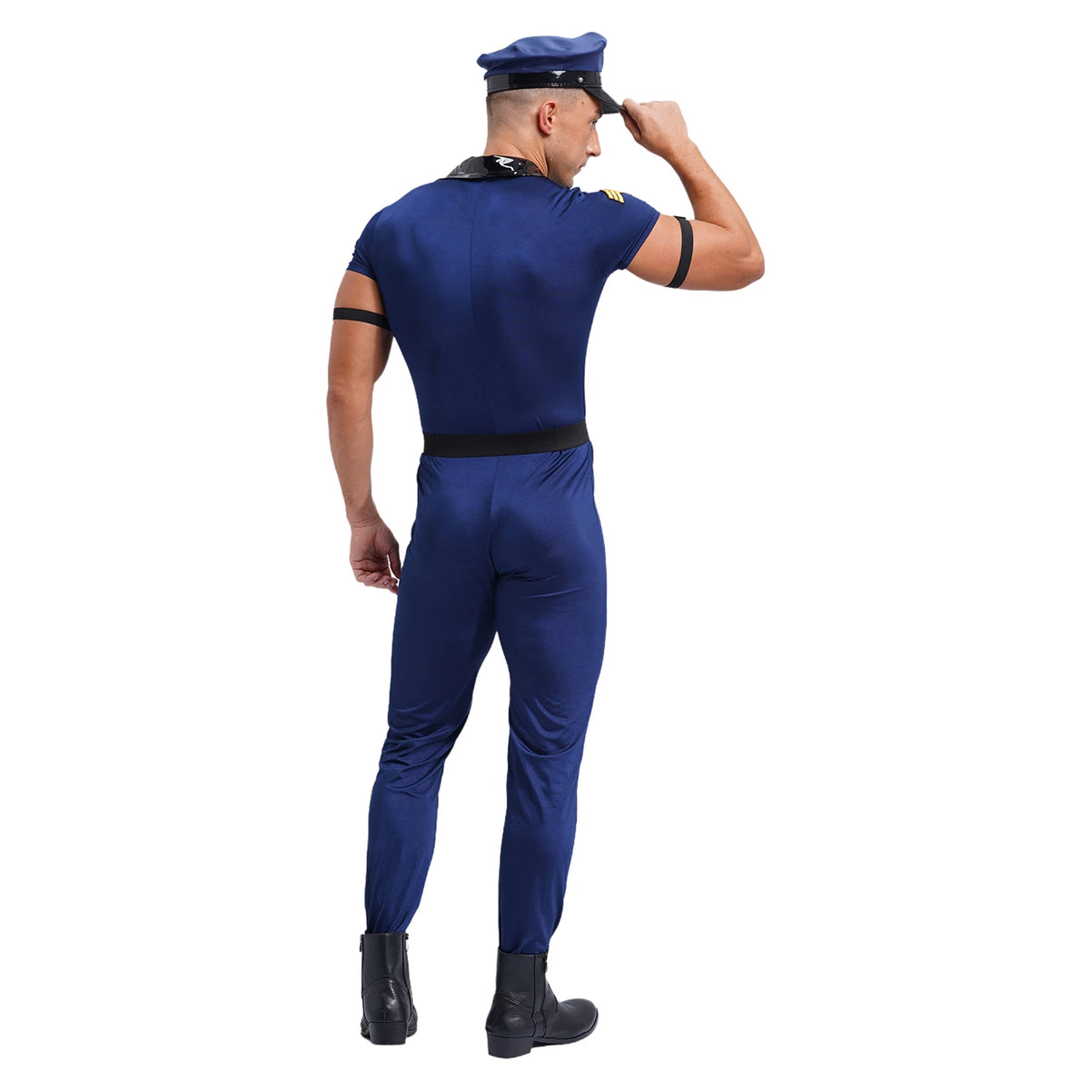 Men Police Uniform Cosplay Outfits Dirty Cop Officer Role Play Policeman Costume Front Zipper Jumpsuit Hat Belt Manacles Badge