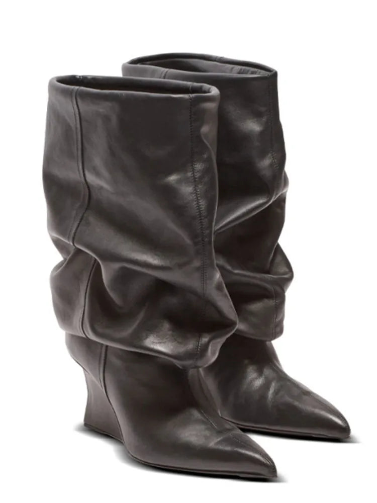 Women's Fashion Pointed Thick Soled Pleated Short Boots, Autumn and Winter Thick Heeled Long Boots, Sexy Runway Women's Boots