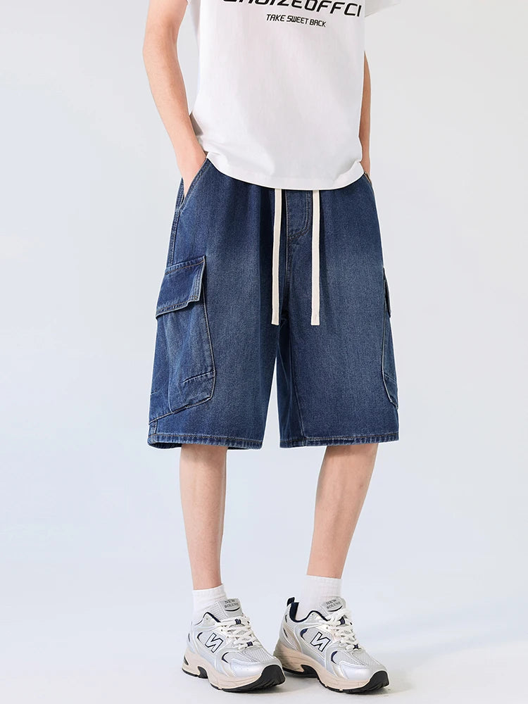 Cargo Shorts Men Summer Baggy Multi-pocket Jeans Straight Drawstring Moto Work Pants Fashion Cotton Black Blue Trousers New