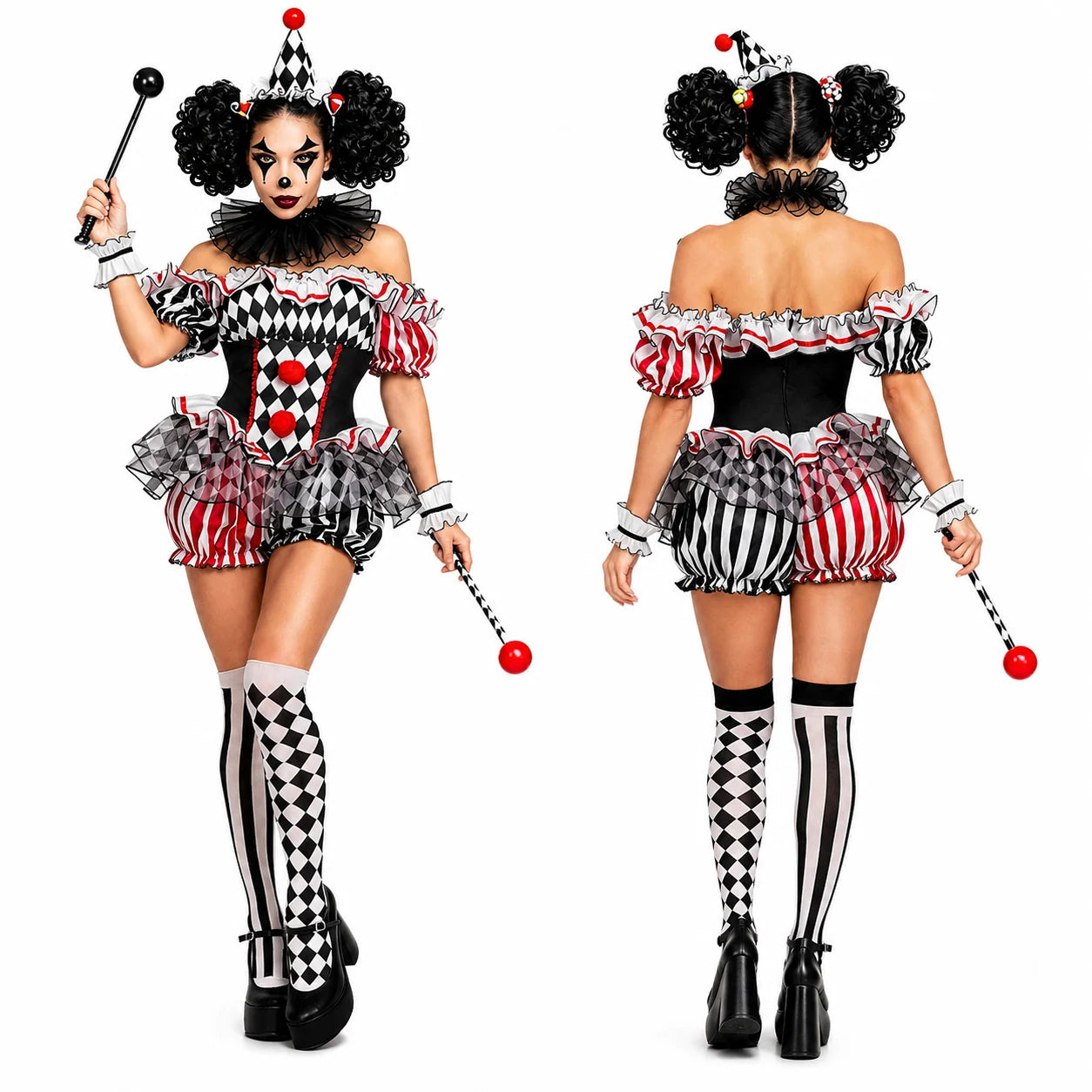 Women's Halloween Evil Clown Costume Sexy Circus Cosplay Off Shoulder Diamond Pattern Ruffled Bloomer Outfit with Hat Mesh Collar Wrist Cuffs Fancy Dress
