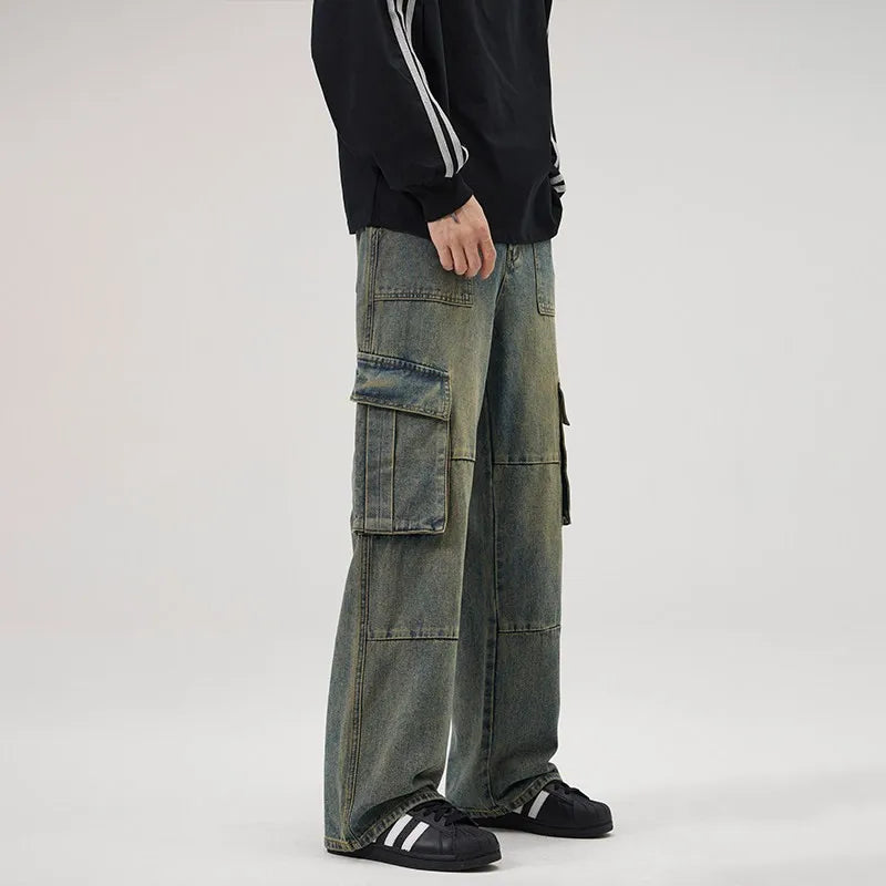 American Retro Street Multi-Pocket Patchwork Work Pants Loose Straight Leg Jeans for Men And Women Vibe Style Long Trousers