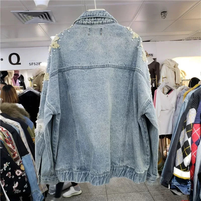European and American style heavy industry embroidery splicing denim jacket 2025 new print loose casual denim women's jacket top
