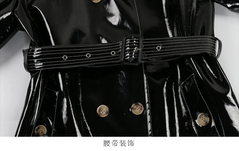 Nerazzurri Autumn Long Shiny Black Red Patent Pu Leather Trench Coat for Women Belt Double Breasted Luxury Designer Clothes 2023