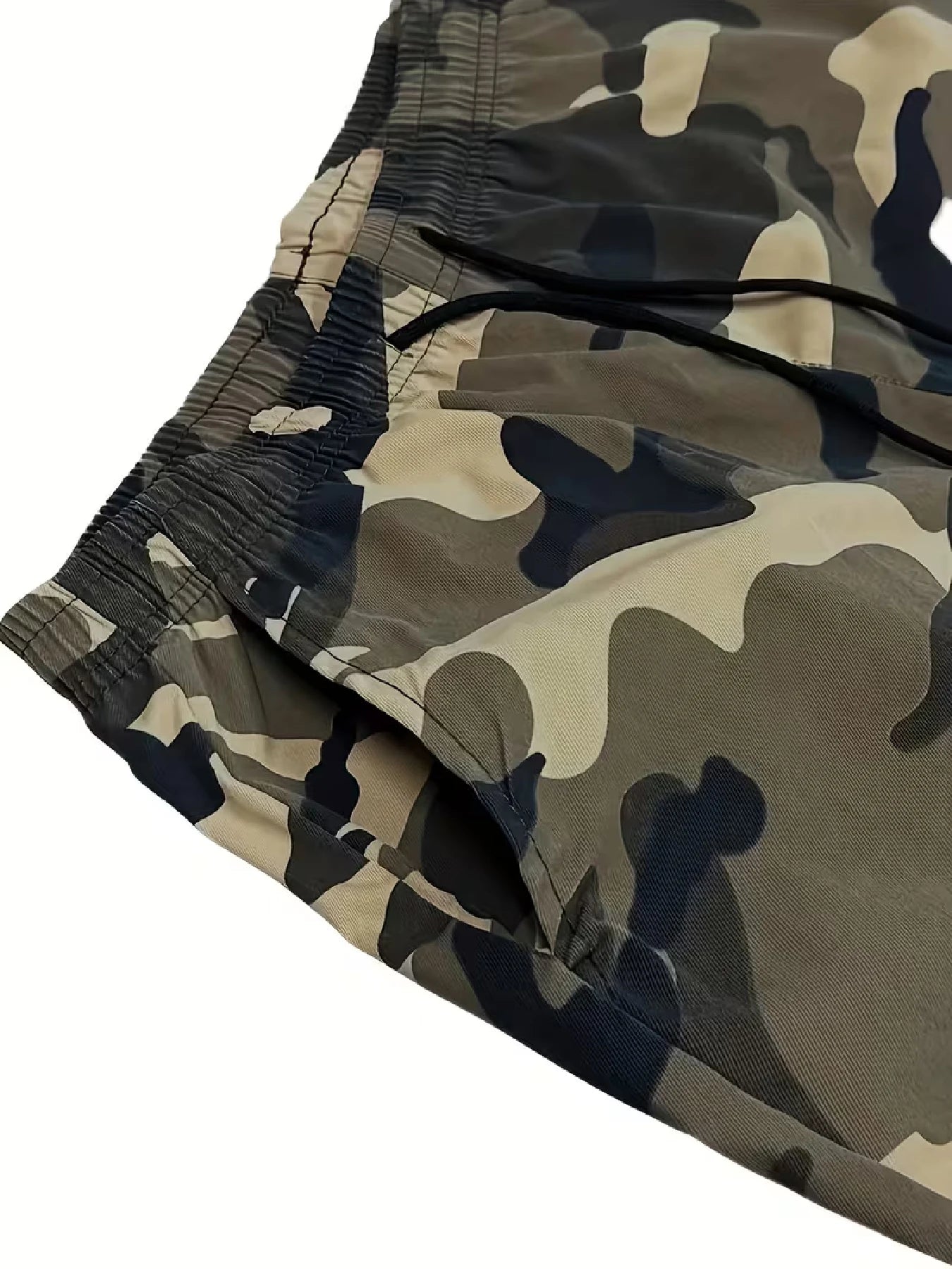 Men's Casual Cargo Shorts — All-Over Print, Non-Stretch Woven Fabric. Features a Dual Elastic Waistband and Drawstring Design; A