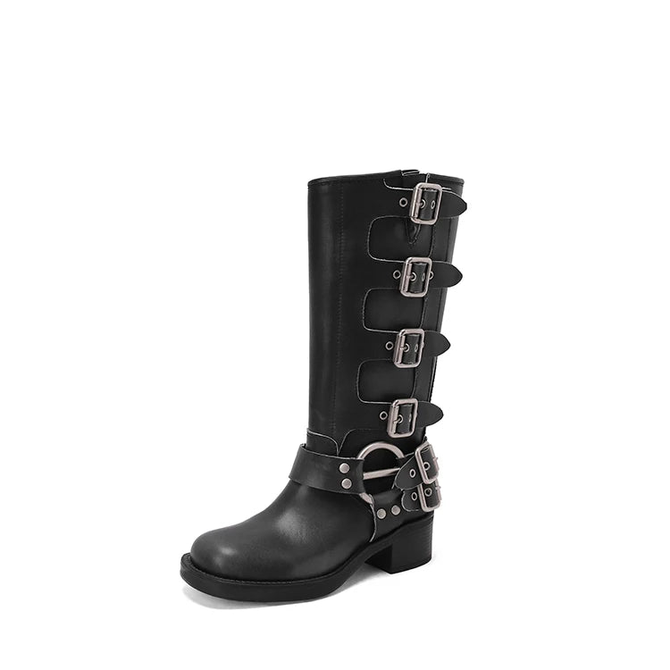Arden Furtado Women's Cowhide Riding Boots Round Toe Pull-On Mid-Calf Genuine Leather Boots with Belt Buckle Knight Style