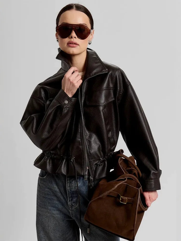 LGRQ Stand‑Collar Long Sleeve Biker Faux Leather Jacket Women Vintage Drawstring Waist Cropped Outerwear 2026 Autumn 19DB3772