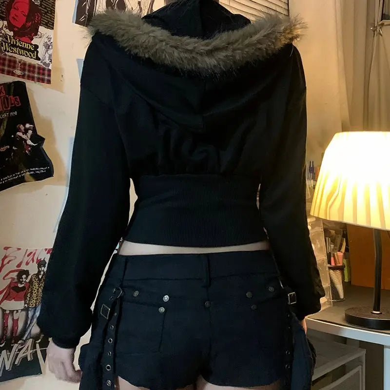 Vintage Punk Hoodies Y2k Crop Top Sexy Streetwear Gothic Grunge Women's Zipper Hooded Winter Slim Coat Hot Girl Aesthetic Hoody