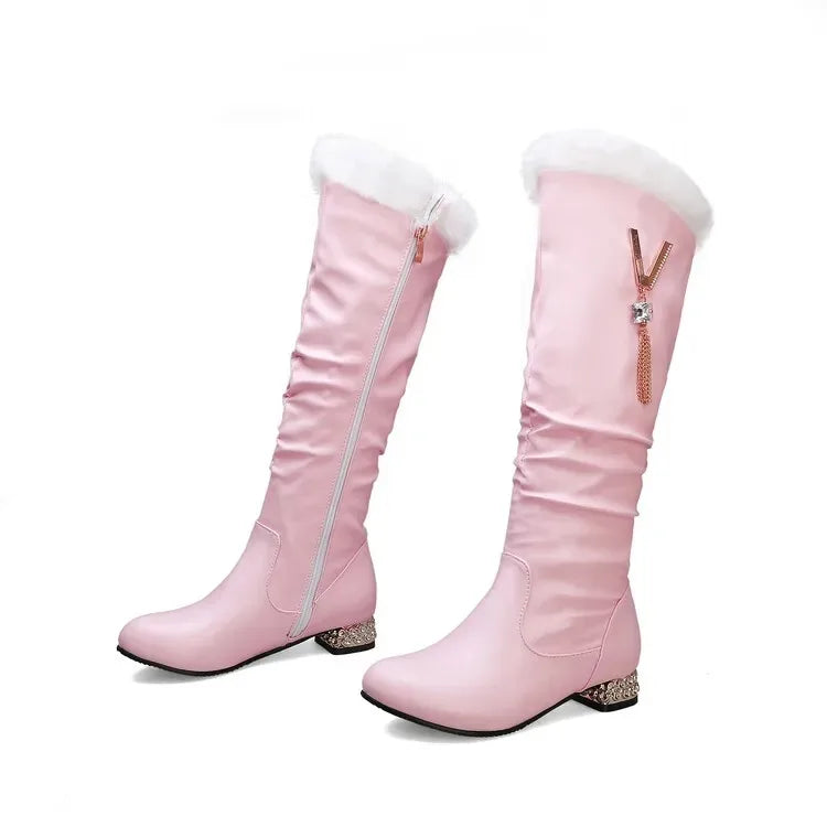 Winter Warm Knee High Boots Women Platform Wedges High Heels Snow Boots Slip on Winter Ladies Shoes White Black Pink 2025