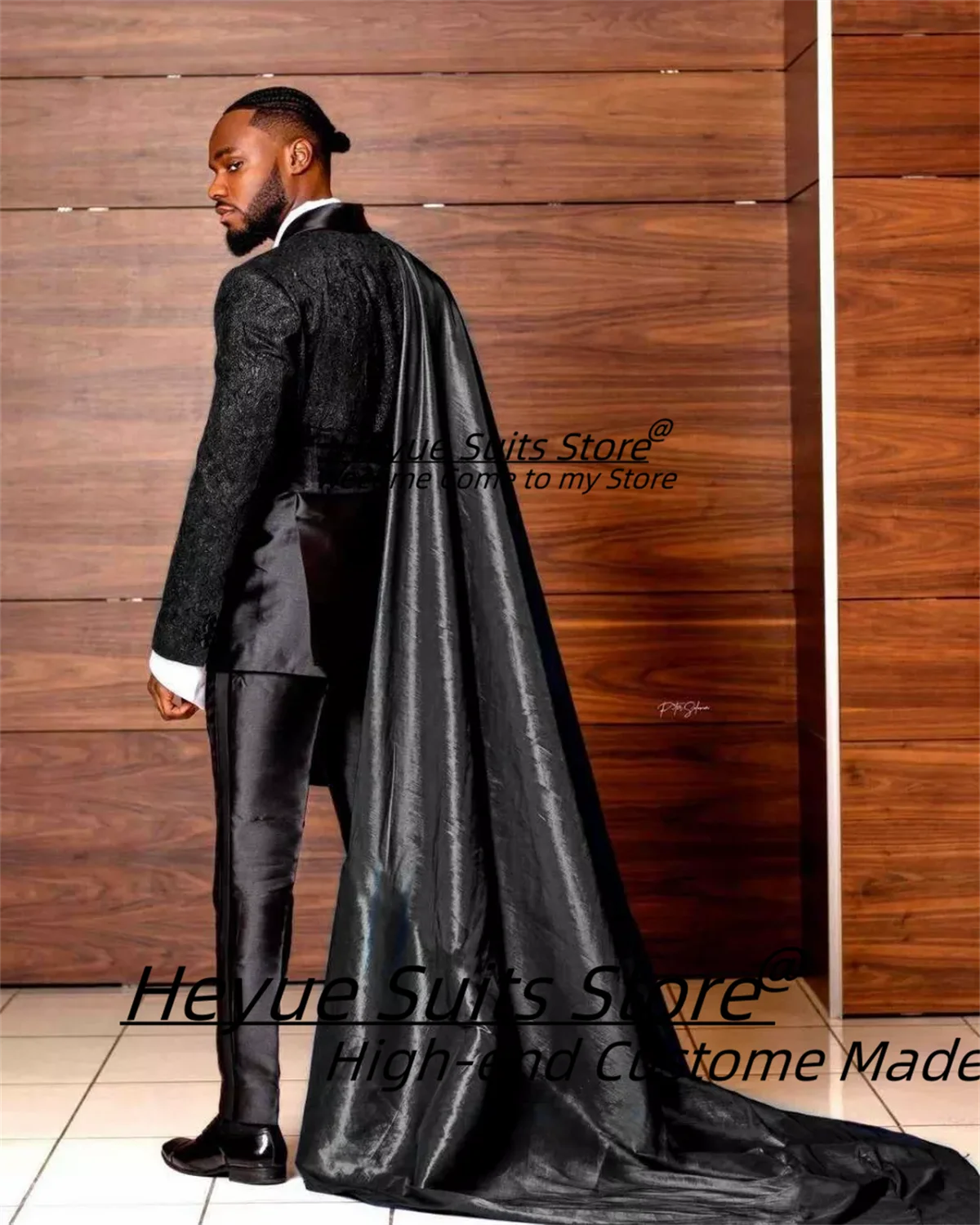 Customized Black Jacquard Shawl Lapel Jacket Pant Cape Groom Wedding Tuxedos Luxuly Male Prom Party Blazers Handsome Ropa Hombre