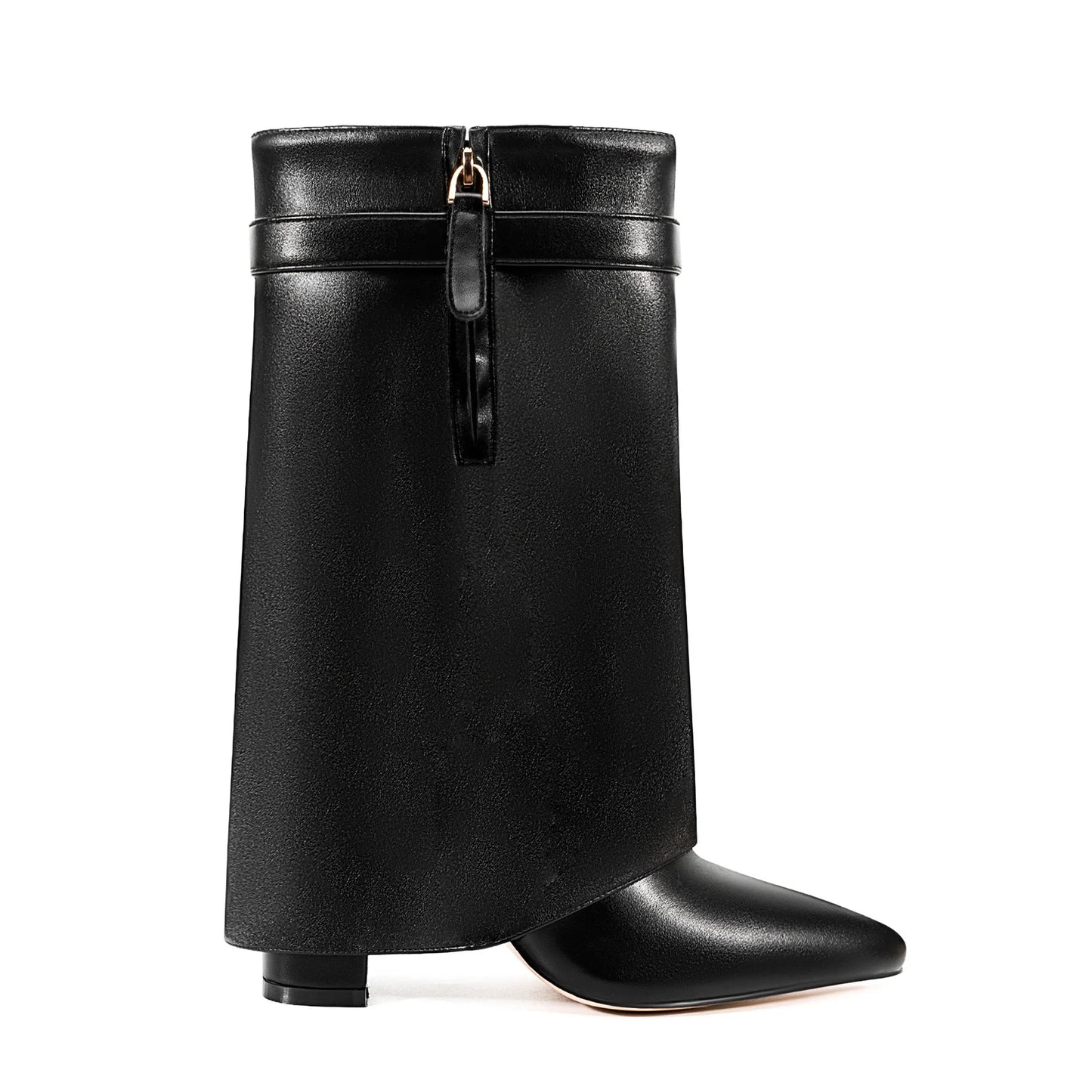 Autumn and Winter New Pointed Metal Buckle Knee High Women's Boots, Thick High-heeled Pants Boots, Fashionable Mid Leg Boots