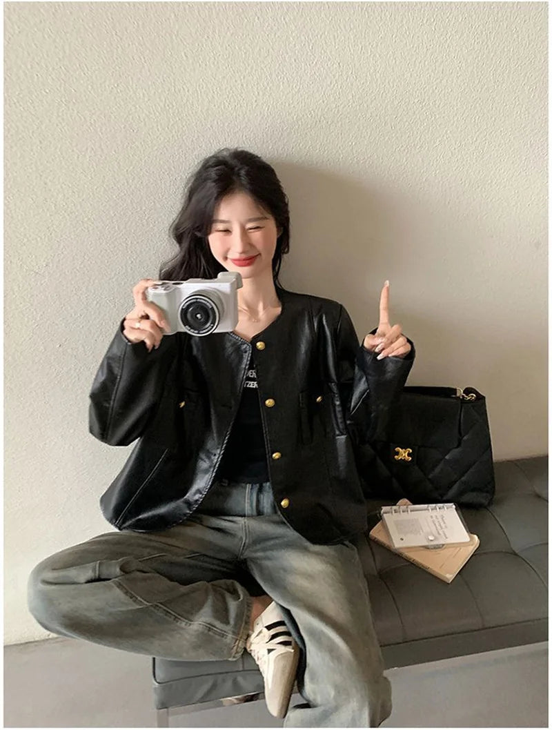 Small Fragrance Leather Jacket Women's Spring Autumn 2026New PU Leather Coat Lady Short High Sense Outerwear Popular Female Tops