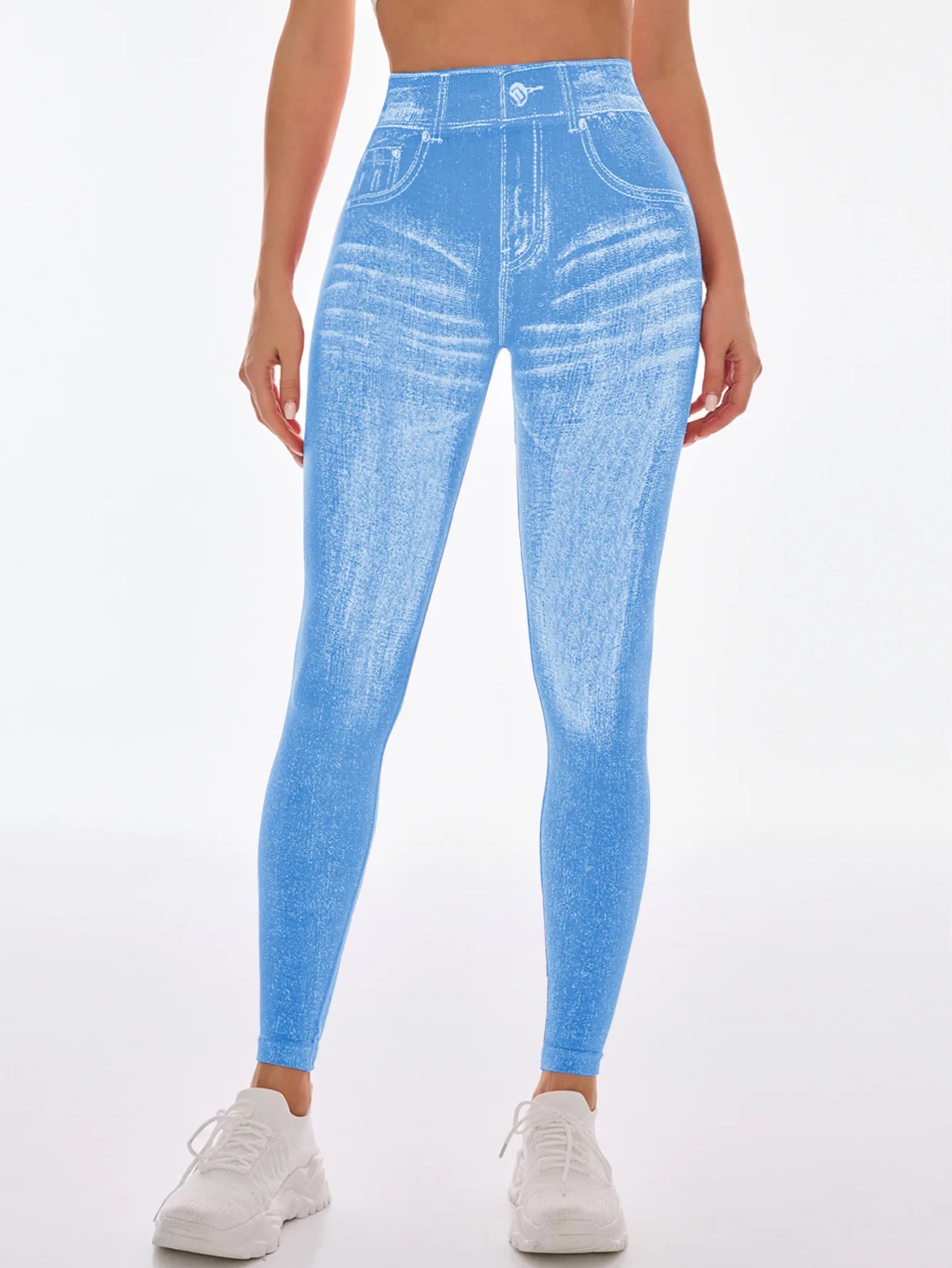 Women V Back Gym Leggings Faux Denim Jeans  Athletic Workout Leggins Elastic Seamless Training Yoga Pants Sports Fitness Tights