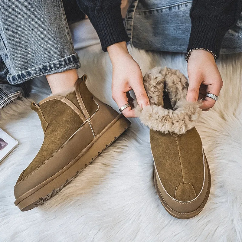 Women's Thick Bottom Mid-Calf Snow Boots Fur Lined Warm Synthetic Leather Rubber Sole Winter Shoes Two-Way Wear Korean Style