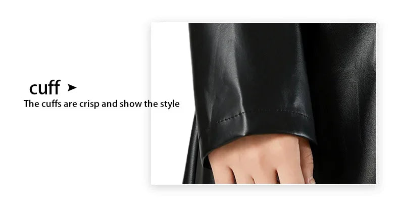 Women's Streetwear Windbreaker Black Tie Up Pu Leather Jackets For Women Fall Winter Windproof Anoraks Trench Coat For Women